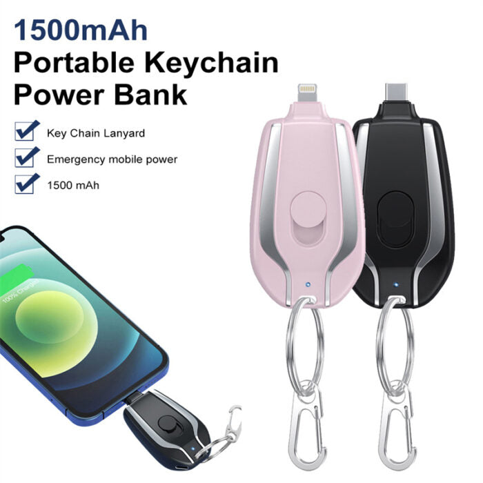 Ultra-Compact 1500mAh Keychain Emergency Charger With Type-C Fast Charging Backup Power Bank For Android And Lightning